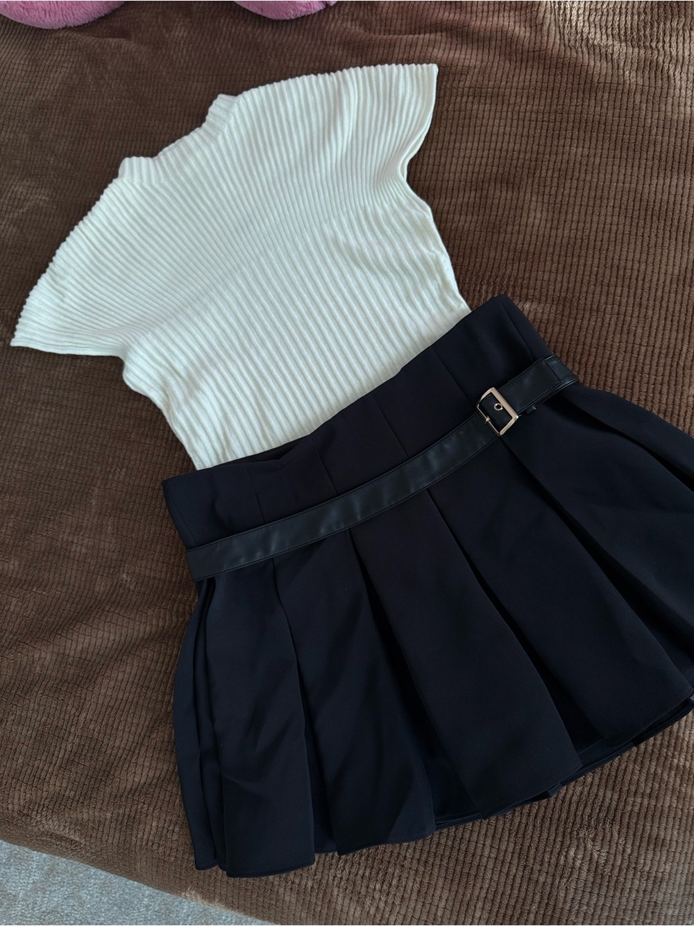 White Ribbed Short Sleeve Top with Black Pleated Skirt